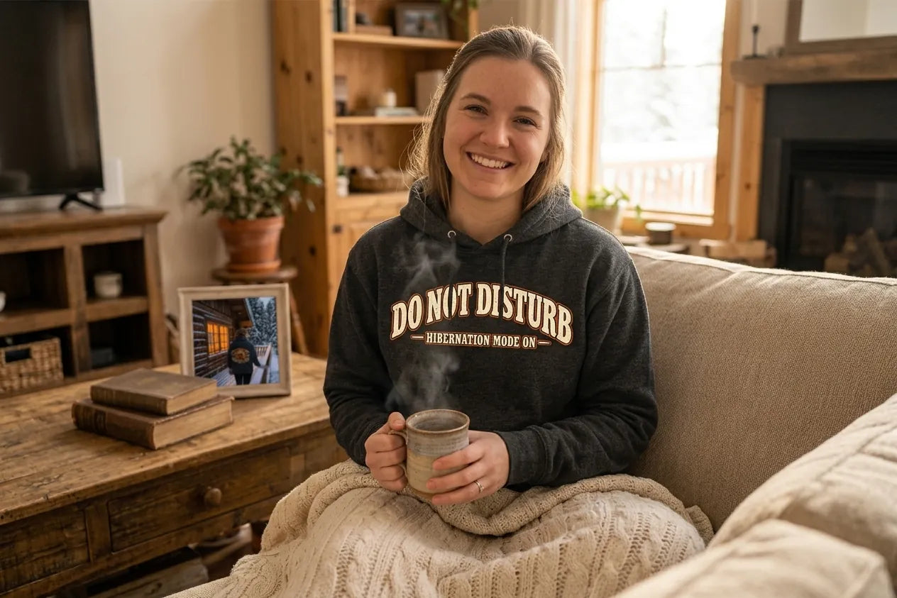 Woman wearing the Do Not Disturb front on a couch