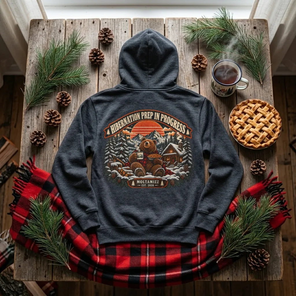 Hibernation Prep hoodie flat lay with mug and pie