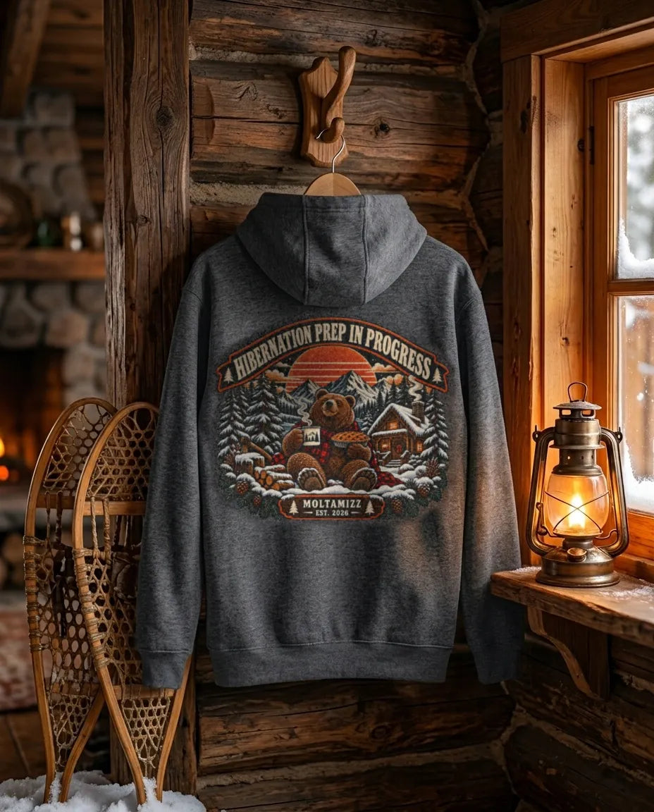 Hibernation Prep hoodie hanging in a log cabin