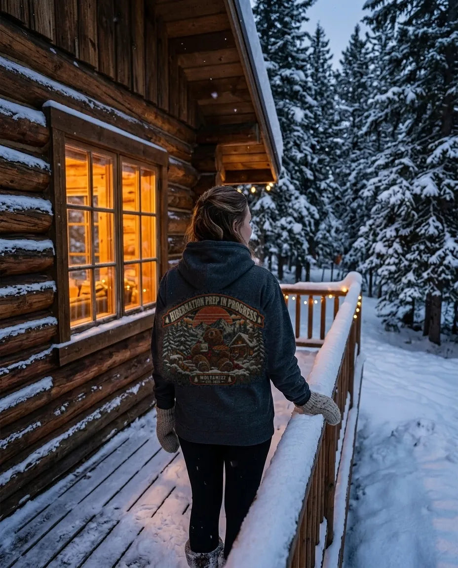 Woman wearing the Hibernation Prep hoodie on a cabin porch